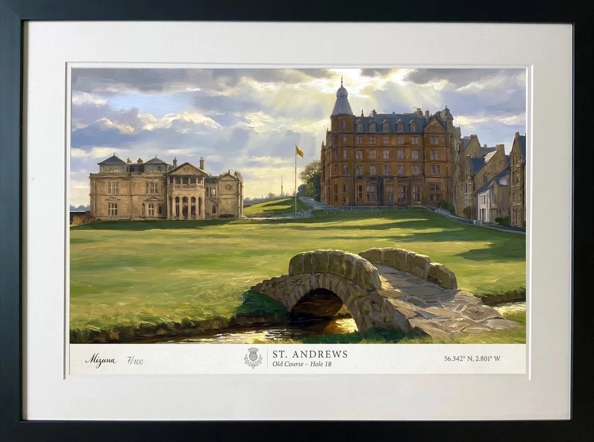 Framed St Andrews fine-art print of the Swilcan Bridge on the Old Course 18th hole