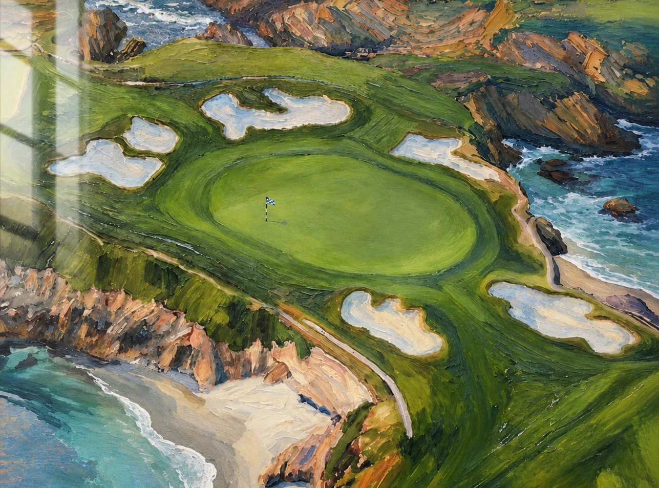 Close-up of Cypress Point Hole 16 artwork showing the flag, green, bunkers and painted detail of the rocky Pacific coastline