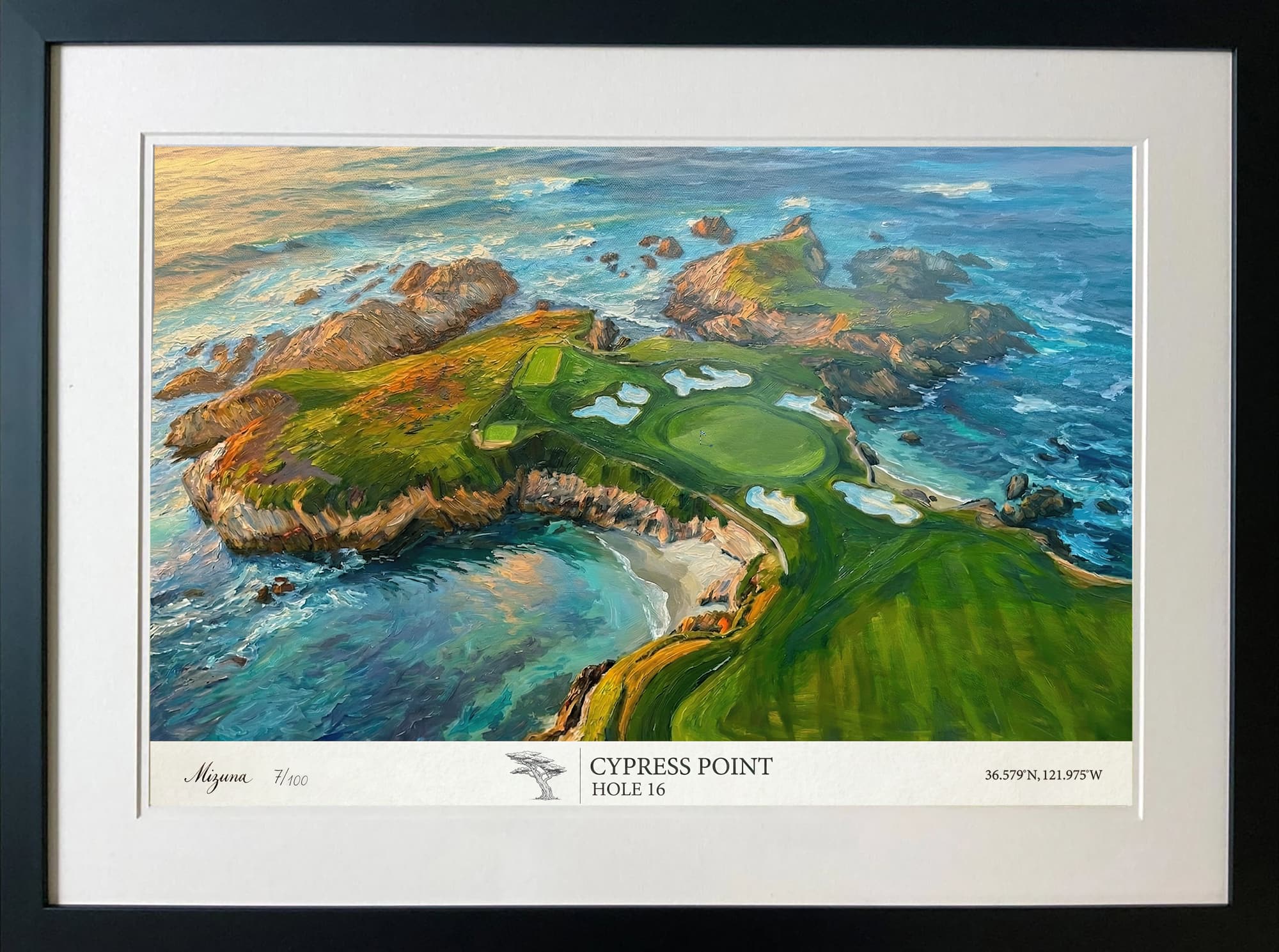 Cypress Point Hole 16 signed limited-edition artwork in a black frame