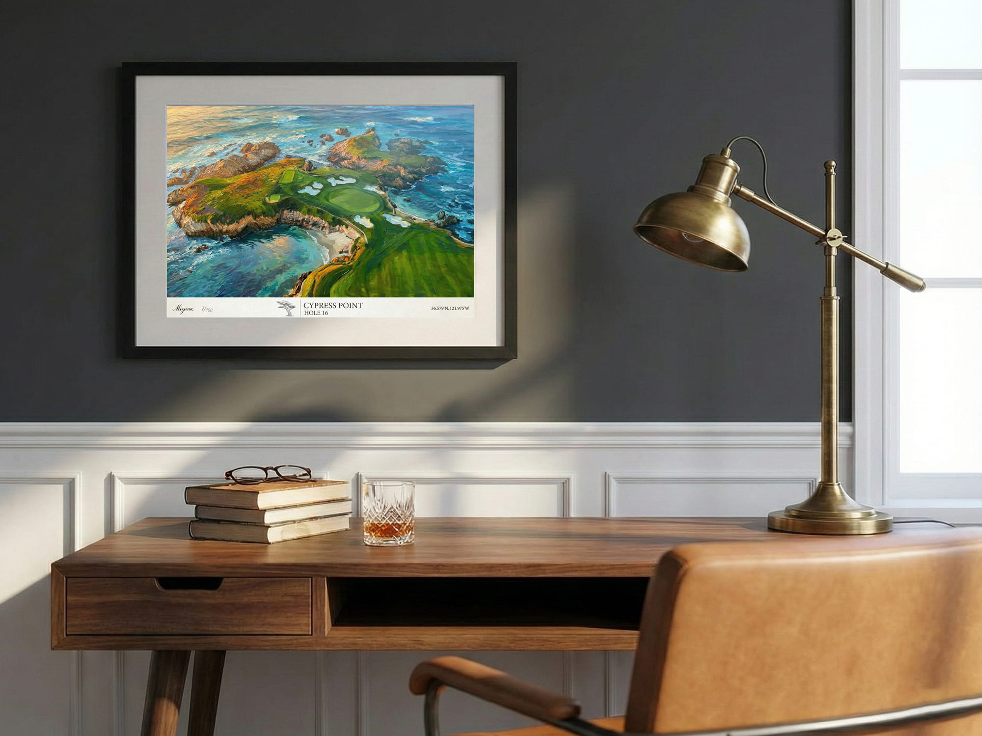 50×40cm framed Cypress Point Hole 16 artwork displayed in a room