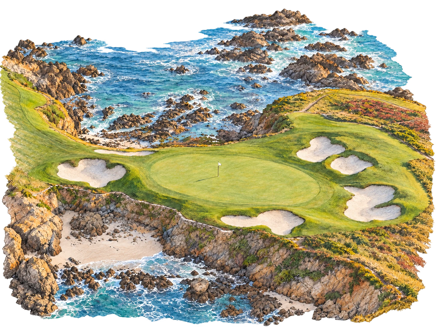 Illustration of Cypress Point Hole 16, showing its flag and bunkered green above the rocky Pacific coastline