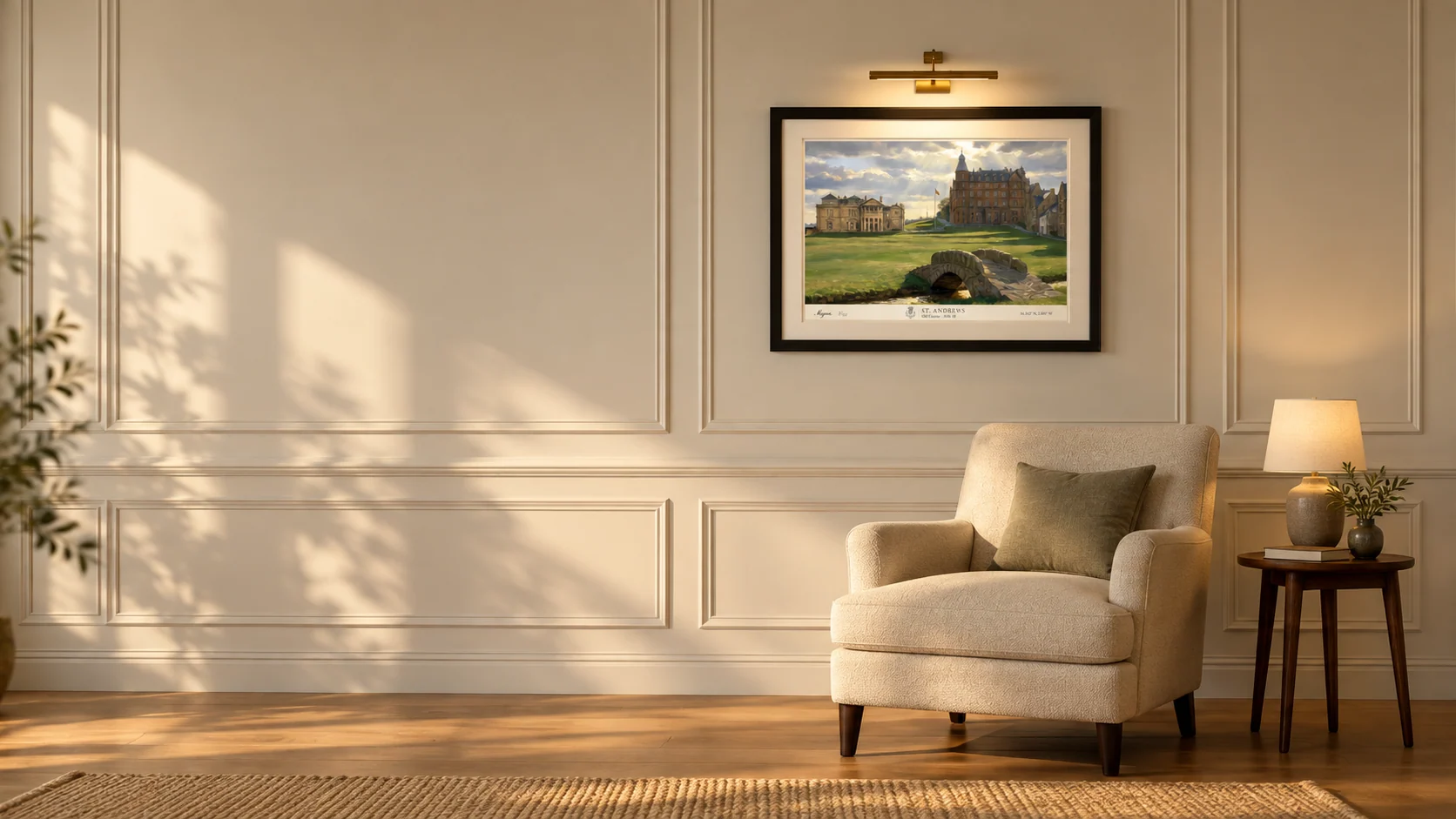 Framed St Andrews Old Course artwork in a sunlit reading nook
