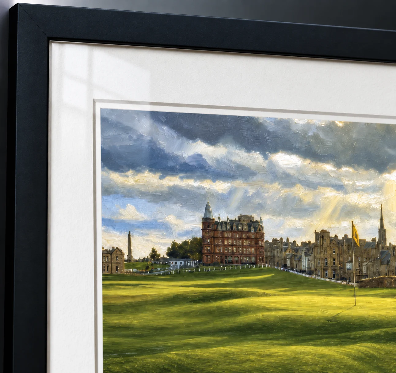 Close-up of a framed St Andrews edition showing the cotton paper, white mount and black frame
